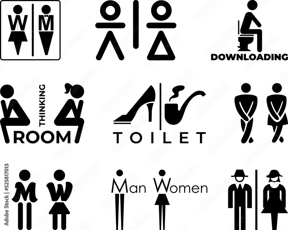 Set of funny WC sign Icon on the white background. Vector man & woman  icons. Funny toilet symbol Stock Vector | Adobe Stock