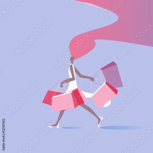 Dark-skinned girl with shopping bags flat illustration