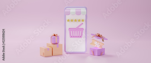 Online shopping promotion sale on mobile, e-commerce and digital marketing with bonus gifts, gift card and promotion strategy, gift voucher, discount coupon and gift certificate concept. 3d rendering © Nuchjaree