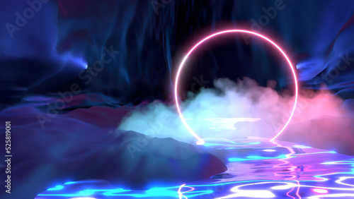 3d rendered neon glowing ring and clouds above the water in a dark cave.