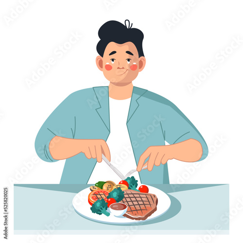 A young man eats a fried steak with vegetables. Conceptual illustration. Vector