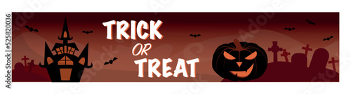 Orange Halloween banner with graves, bats and scare pumpkin