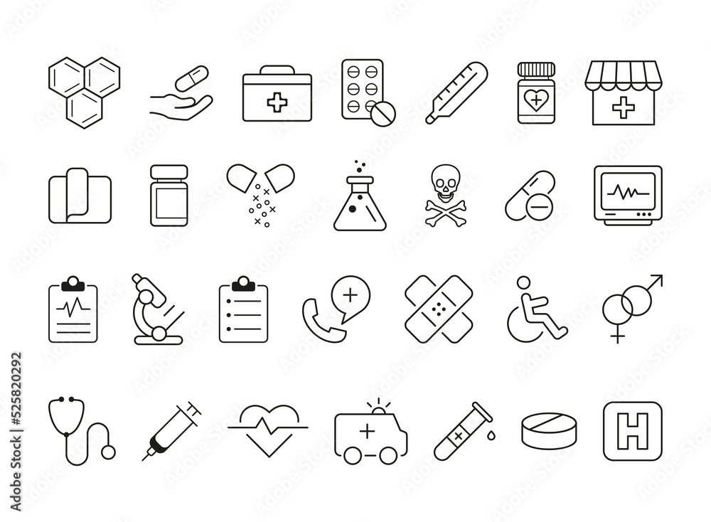 
Set of Medical and Health Line Icons. Black on white background
