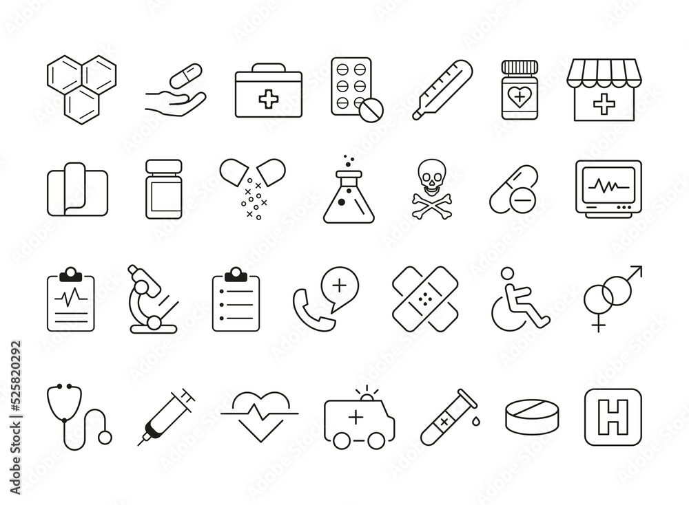 Set of Medical and Health Line Icons. Black on white background
Set of Medical and Health Line Icons. Black on white background