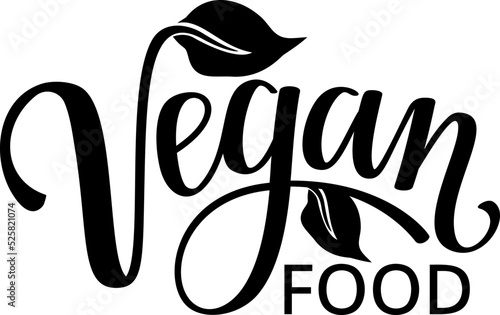 Vegan food black handwritten lettering with leaves. Label, tag, stamp.