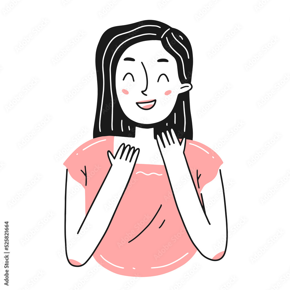 Portrait of a young joyful girl in a simple linear doodle style. Isolated illustration. Portrait of a young joyful girl in a simple linear doodle style. Isolated illustration.