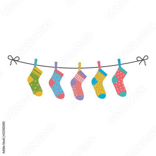 Children's colored socks hanging on a rope, vector isolated illustration