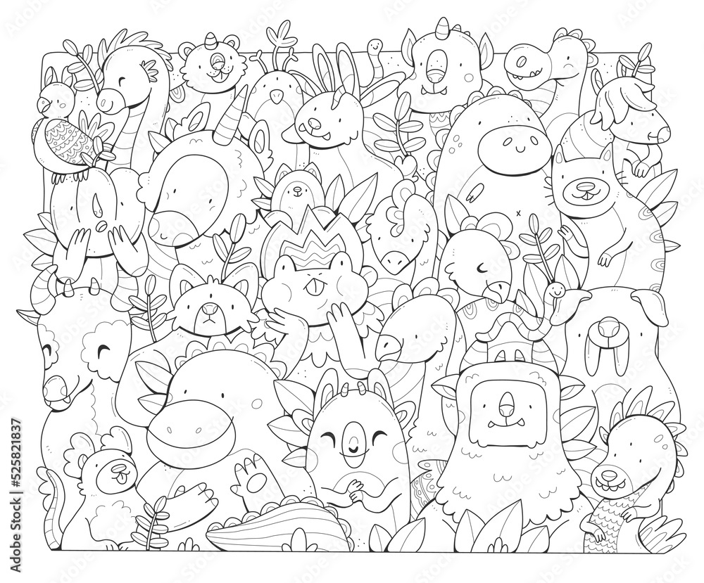 Monsters big doodle coloring book. The coloring page poster with different cute creatures. Black and white illustration.