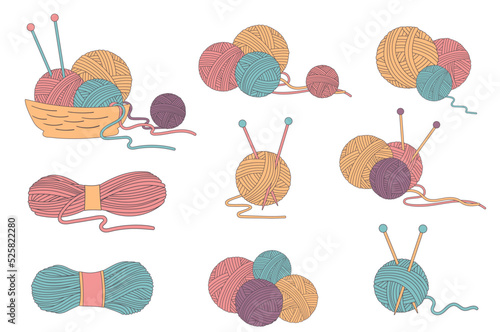 Balls of yarn with knitting needles. Clews, skeins of wool. Tools for  hand-knitting.