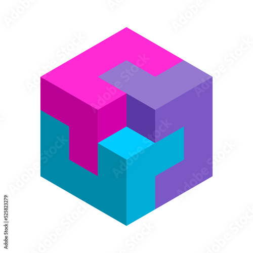 Colorful 3D cube made of three elements. Geometric shape with one empty room. Architecture, construction, interior design template. Puzzle game pieces. Isometric. Vector illustration, clip art. 