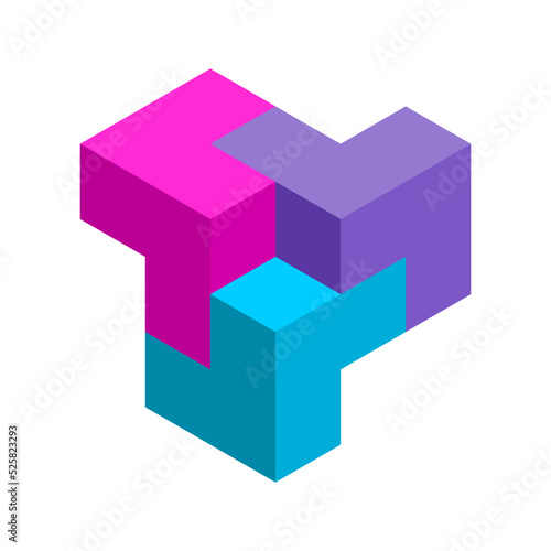 3D three letters L logo template. Colorful puzzle piece elements. Abstract structure composition. Isometric projection. Geometric cubic shape. Architecture concept. Vector illustration, clip art.