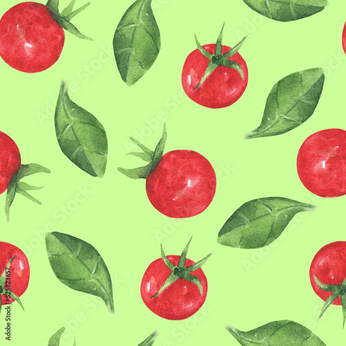 Seamless pattern with tomatoes and green basil. Bright background for kitchen, wallpaper and textiles. Watercolor drawing of juicy red cherry and green leaves.