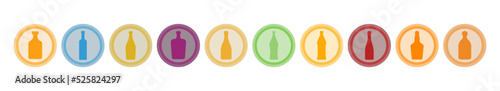 Bottle of tequila rum wine vermouth beer red wine liquor whiskey vodka. Sign are arranged in a circle. Isolated color object design beverage. Graphic illustration in flat style. Simple icon