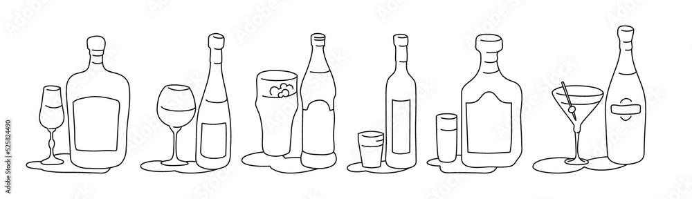 Liquor wine beer vodka rum martini bottle and glass outline icon on white background. Black white cartoon sketch graphic design. Doodle style. Hand drawn image. Party drinks concept. Freehand drawing Liquor wine beer vodka rum martini bottle and glass outline icon on white background. Black white cartoon sketch graphic design. Doodle style. Hand drawn image. Party drinks concept. Freehand drawing