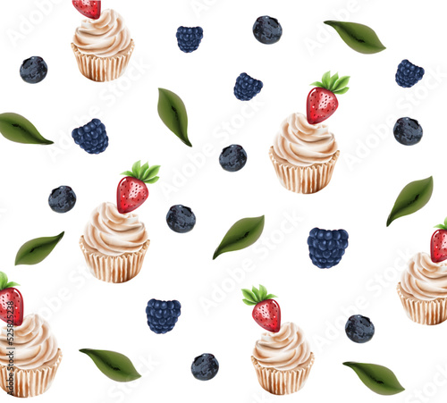 Cupcake and berries texture vector, vintage color