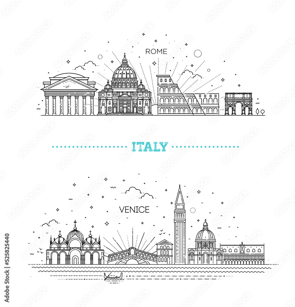Rome, Venice. Tourist attractions of Italy. Historic buildings from the streets of Italy, outline.