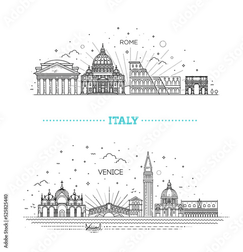 Rome, Venice. Tourist attractions of Italy. Historic buildings from the streets of Italy, outline.