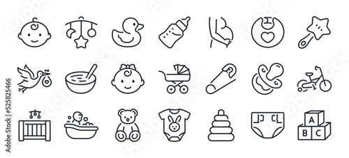 Baby care editable stroke outline icons set isolated on white background flat vector illustration. Pixel perfect. 64 x 64.