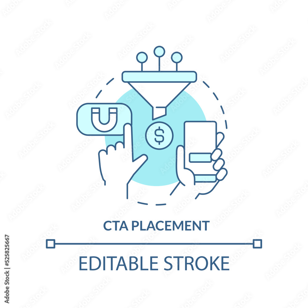 CTA placement turquoise concept icon. Call to action. Mobile website development abstract idea thin line illustration. Isolated outline drawing. Editable stroke. Arial, Myriad Pro-Bold fonts used CTA placement turquoise concept icon. Call to action. Mobile website development abstract idea thin line illustration. Isolated outline drawing. Editable stroke. Arial, Myriad Pro-Bold fonts used