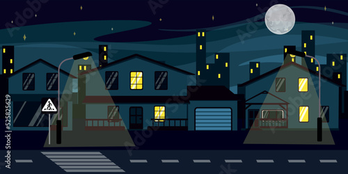 Vector illustration of beautiful night streets. Cartoon urban buildings with burning lanterns, stars, moon and city in the background.