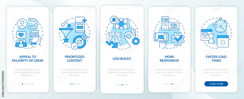 Advantages of mobile first design blue onboarding mobile app screen. Walkthrough 5 steps editable graphic instructions with linear concepts. UI, UX, GUI template. Myriad Pro-Bold, Regular fonts used