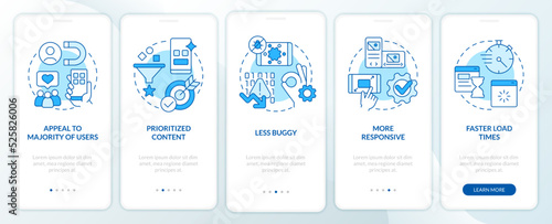 Advantages of mobile first design blue onboarding mobile app screen. Walkthrough 5 steps editable graphic instructions with linear concepts. UI, UX, GUI template. Myriad Pro-Bold, Regular fonts used