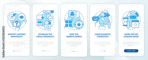 Mobile first key elements blue onboarding mobile app screen. Walkthrough 5 steps editable graphic instructions with linear concepts. UI, UX, GUI template. Myriad Pro-Bold, Regular fonts used