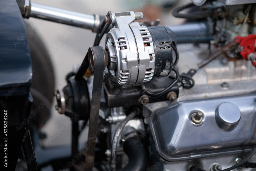 close-up of a car engine, an internal combustion engine.