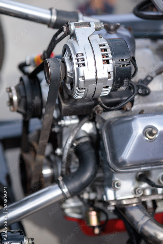 close-up of a car engine, an internal combustion engine.