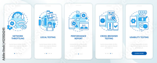 Mobile first design testing blue onboarding mobile app screen. Walkthrough 5 steps editable graphic instructions with linear concepts. UI, UX, GUI template. Myriad Pro-Bold, Regular fonts used