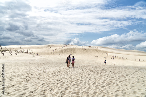 Fototapeta Naklejka Na Ścianę i Meble -  People explore in Lacka dune in Slowinski National Park in Poland. Traveling dune in sunny summer day. Sandy beach and and blue sky with white clouds.