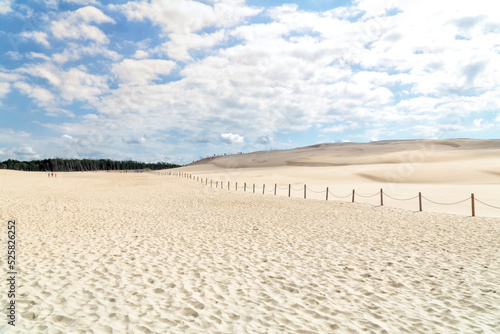 Fototapeta Naklejka Na Ścianę i Meble -  Lacka dune in Slowinski National Park in Poland, a miracle of nature. Traveling dune in sunny summer day. Sandy beach and blue sky with white clouds.