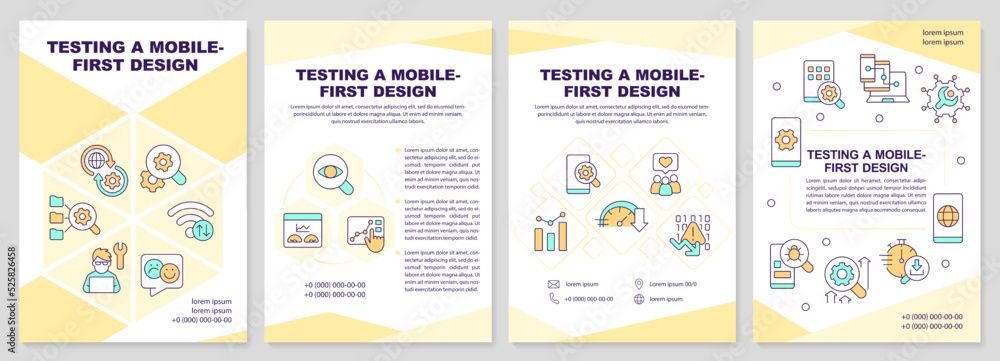 Testing mobile first design yellow brochure template. Leaflet design with linear icons. Editable 4 vector layouts for presentation, annual reports. Arial-Black, Myriad Pro-Regular fonts used