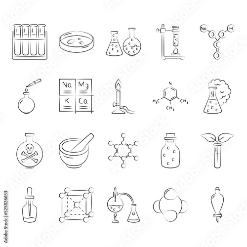 Chemistry science icon set in hand drawn style