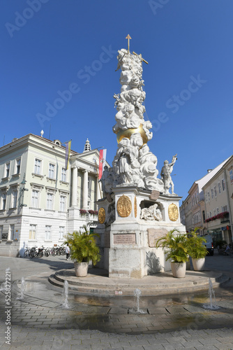 Plague column on the town square of the Spa town of Baden near Vienna, Lower Austria, Austria