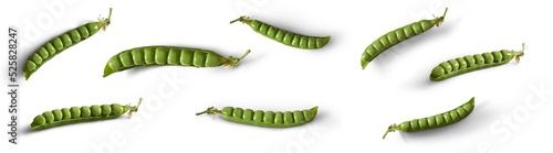 Obraz na płótnie A collection of fresh green pea pods open and isolated against a flat background. w salonie