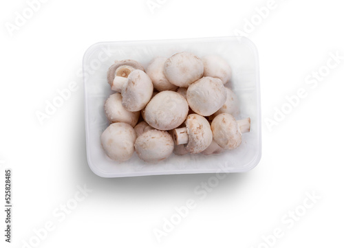 Obraz na płótnie A top view of a punnet of Champignon, white button mushrooms isolated against a flat background. w salonie