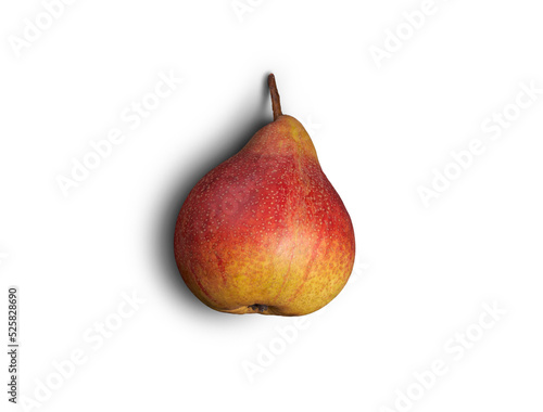 A ripe juicy golden and red pear lying down on an isolated flat background.