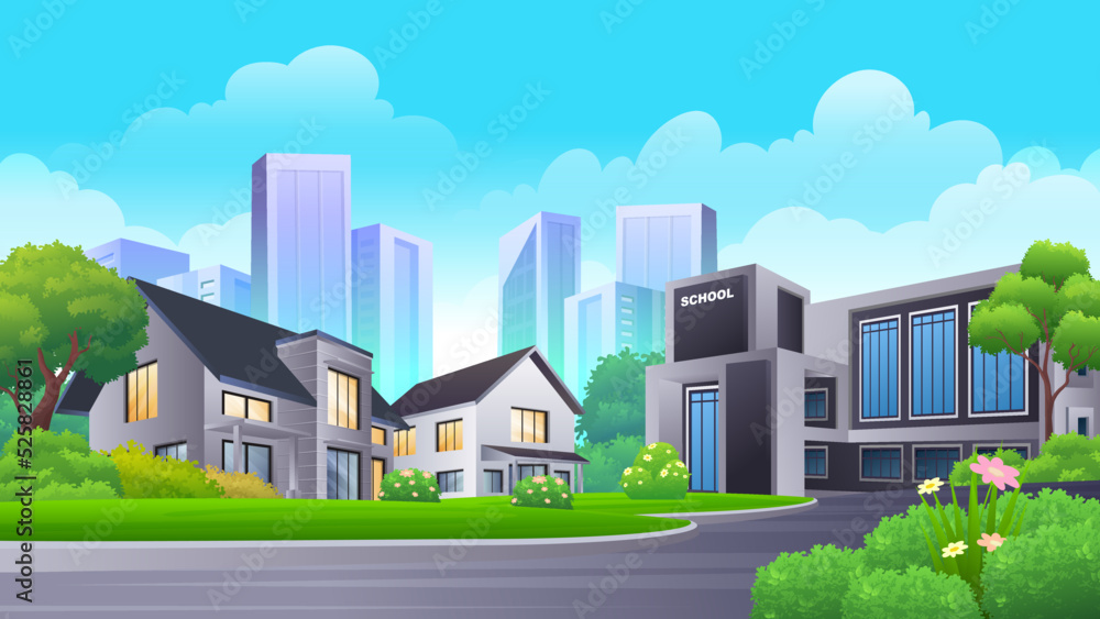 Scene of house and School in town with nature park, green lawn, bush and trees vector illustration