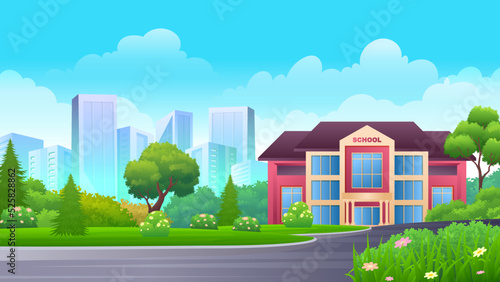 Cartoon school building in the countryside with lush green lawns, grass and trees cartoon Illustration