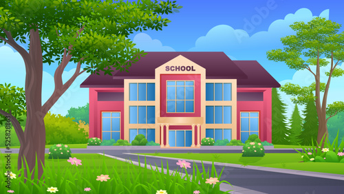 School on the side of the street with green lawn, bush and trees vector illustration