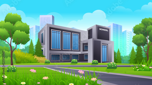 Modern School on the side of the street with green lawn, bush and trees vector illustration