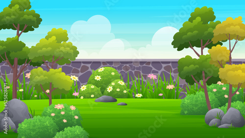 Beautiful Backyard of village country house with rocky wall, green lawn, bush, flower and trees vector illustration