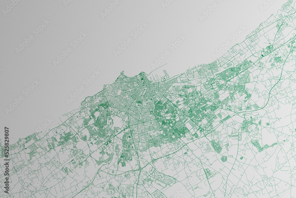 Fototapeta premium Map of the streets of Casablanca (Morocco) made with green lines on white paper. 3d render, illustration