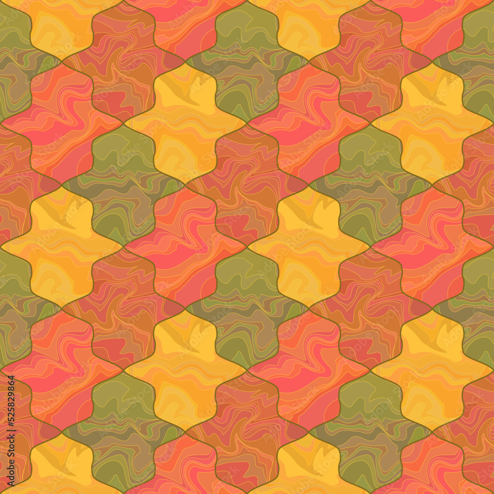 Abstract geometric seamless pattern. Figured tiles with fluid wavy texture. Yellow, pink, green, red shapes, autumn leaves colors