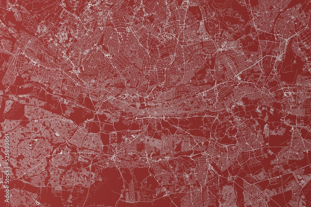 Fototapeta premium Map of the streets of Johannesburg (South Africa) made with white lines on red background. Top view. 3d render, illustration