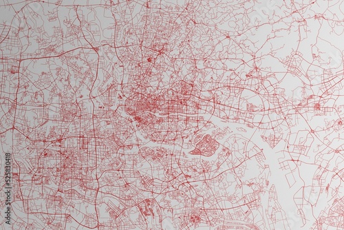 Map of the streets of Guangzhou (China) made with red lines on white paper. 3d render, illustration