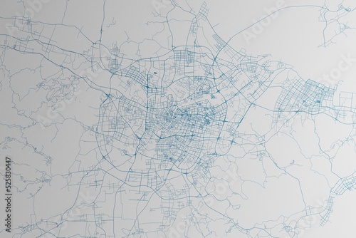 Map of the streets of Ningbo (China) made with blue lines on white paper. 3d render, illustration