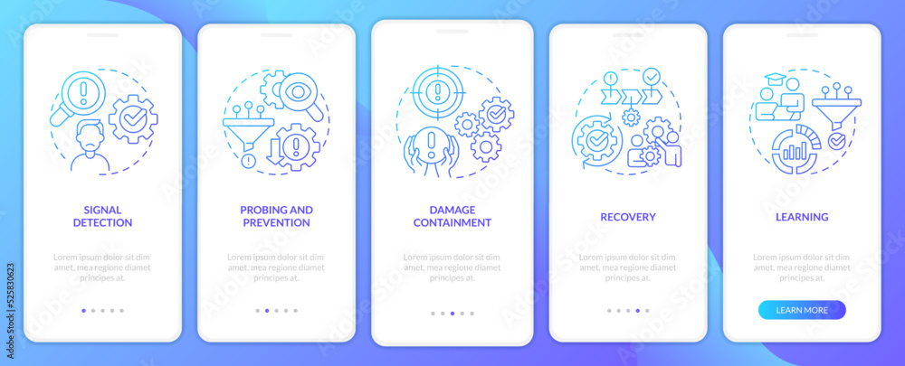 Model for crisis management blue gradient onboarding mobile app screen. Walkthrough 5 steps graphic instructions with linear concepts. UI, UX, GUI template. Myriad Pro-Bold, Regular fonts used Model for crisis management blue gradient onboarding mobile app screen. Walkthrough 5 steps graphic instructions with linear concepts. UI, UX, GUI template. Myriad Pro-Bold, Regular fonts used