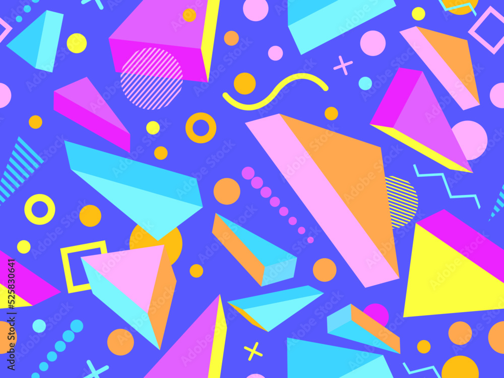 Geometric seamless pattern with memphis elements in 80s style. Colorful geometric pattern. Design of promotional products, wrapping paper and printing. Vector illustration Geometric seamless pattern with memphis elements in 80s style. Colorful geometric pattern. Design of promotional products, wrapping paper and printing. Vector illustration